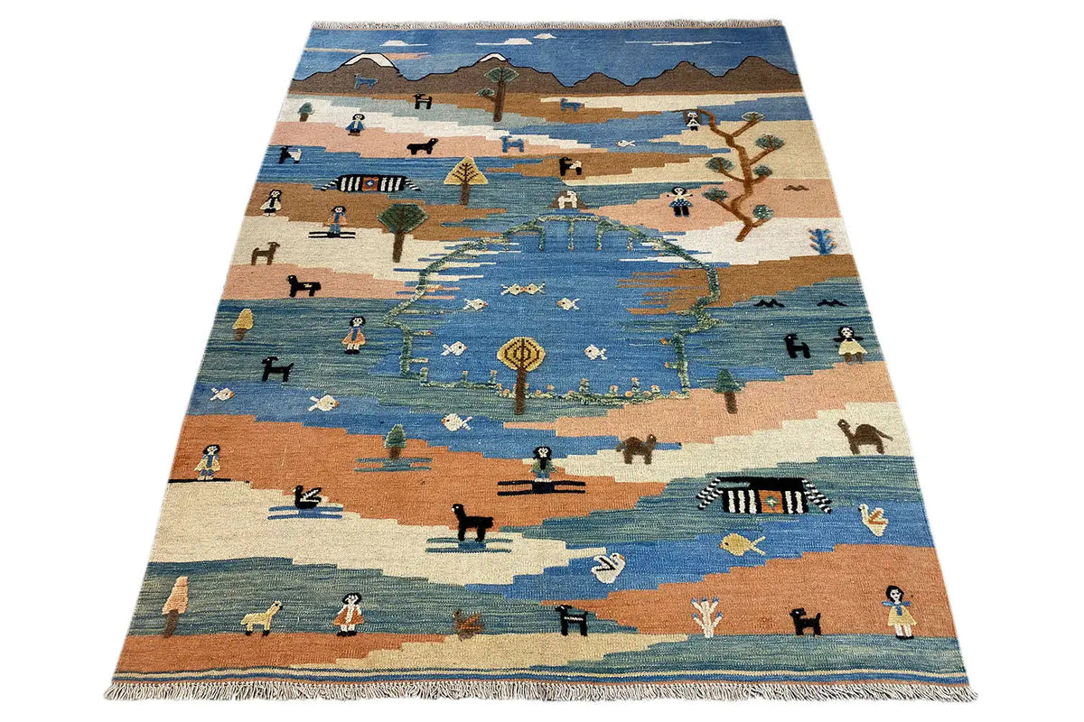 Kilim Qashqai rug: angled view with landscape motifs and colorful animal figures on a blue field