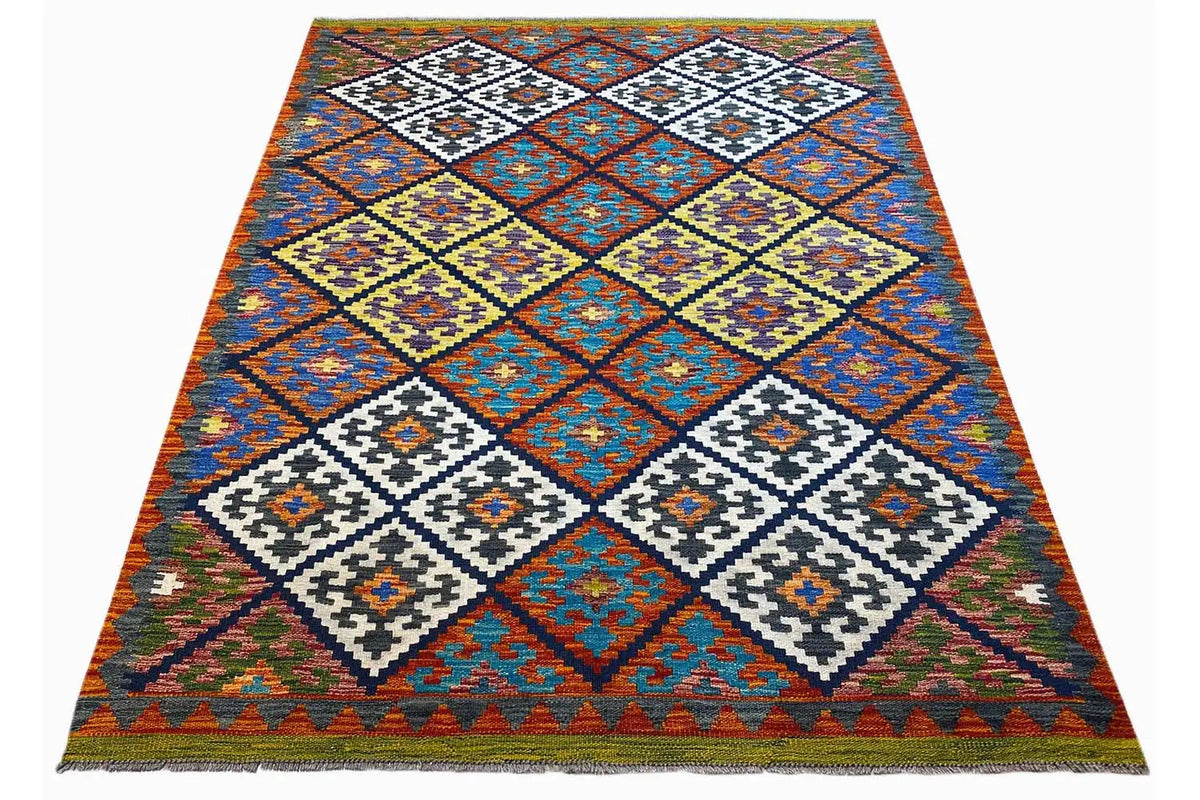 Kilim rug 202x152 cm, shown rotated, with diamonds in blue, orange and white.