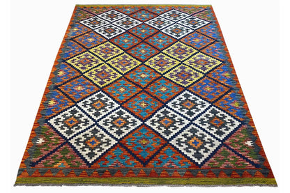 Kilim rug 202x152 cm, shown rotated, with diamonds in blue, orange and white.