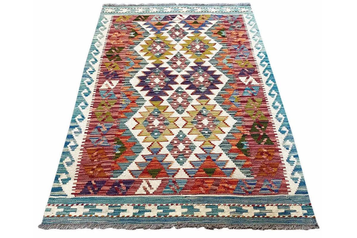 Afghan kilim 142x98 cm, flat-weave, rectangular, multicolored diamond pattern