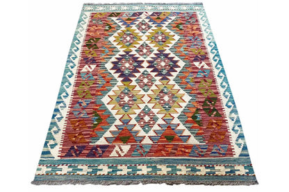 Afghan kilim 142x98 cm, flat-weave, rectangular, multicolored diamond pattern
