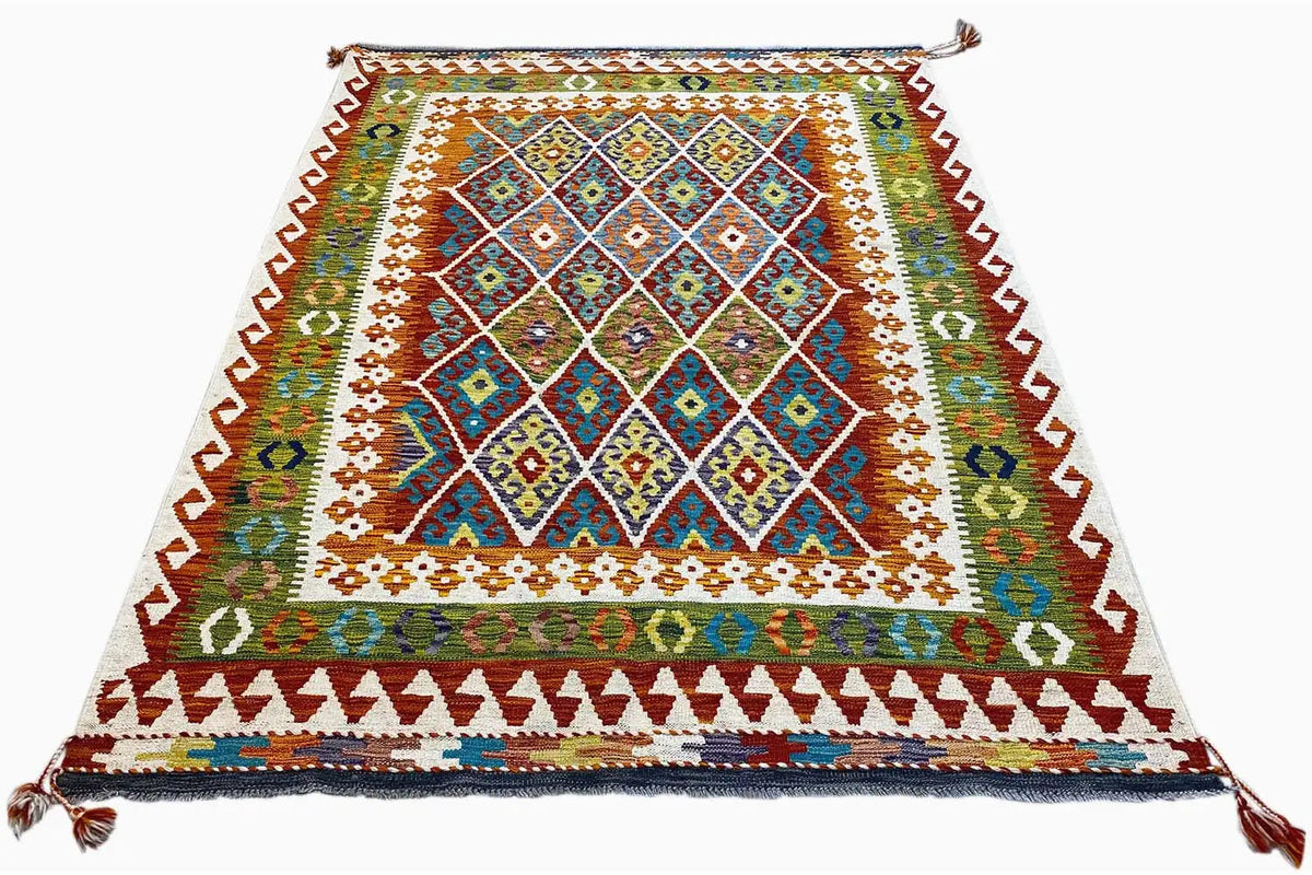 Kilim rug with a geometric pattern, rectangular, multicolored border, tassels