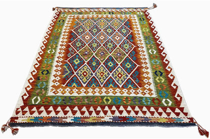 Kilim rug with a geometric pattern, rectangular, multicolored border, tassels