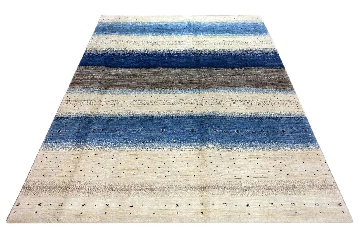 Gabbeh-Lori rug 253×193 cm, large-format, horizontal stripes in blue and brown