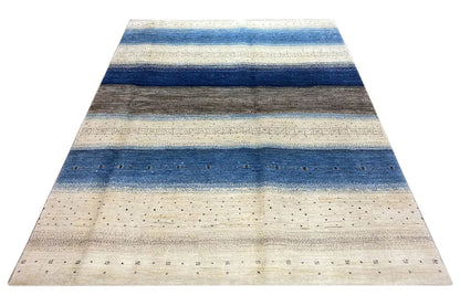 Gabbeh-Lori rug 253×193 cm, large-format, horizontal stripes in blue and brown