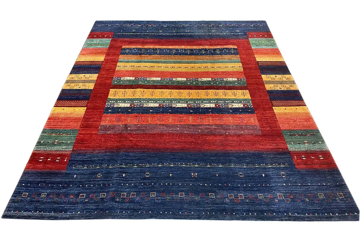 Rug with central stripes and square frames in red, blue, and green