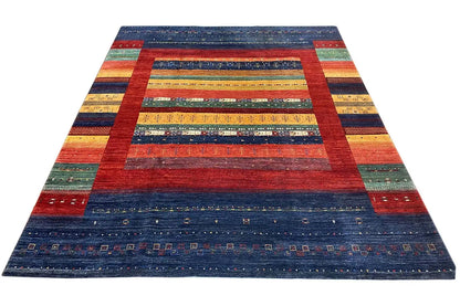 Rug with central stripes and square frames in red, blue, and green