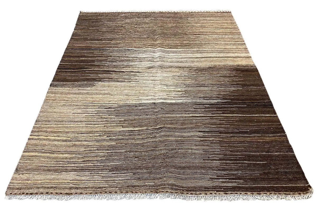 Kilim rug with a striped pattern in dark brown and beige, bordered edge with fringes