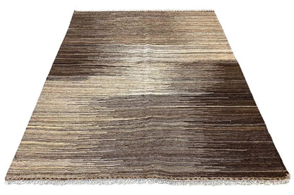 Kilim rug with a striped pattern in dark brown and beige, bordered edge with fringes