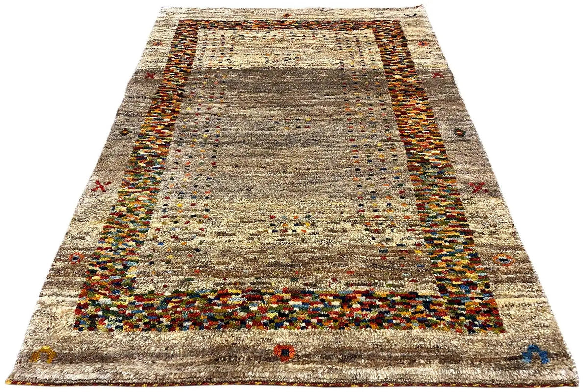 Rug 139x98 cm, rectangular, beige pile with multicolored border stripes