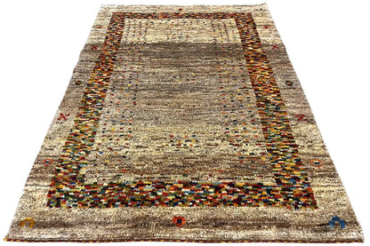 Rug 139x98 cm, rectangular, beige pile with multicolored border stripes