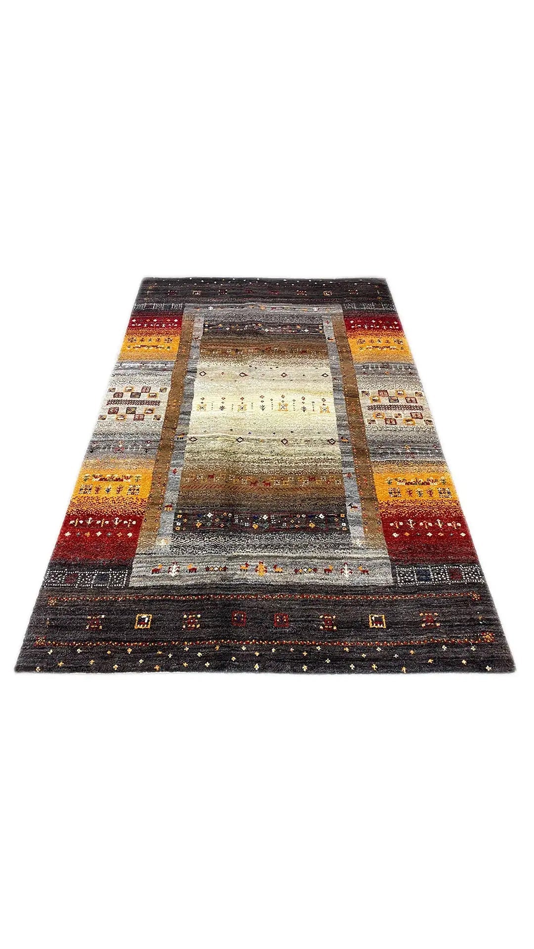 Gabbeh rug laid flat, rectangular central field with stripes in brown and beige