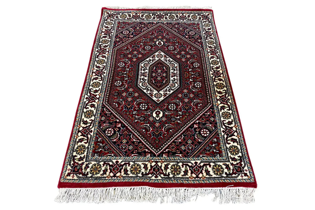 Bidjar rug 93x62 cm, red pattern with a central field and fringes along the edge