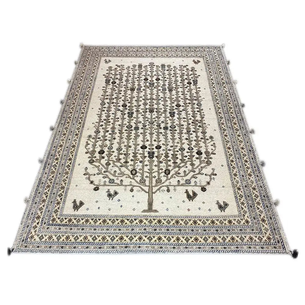 Rug with a light background, central tree motif and dark line ornamentation, rectangular