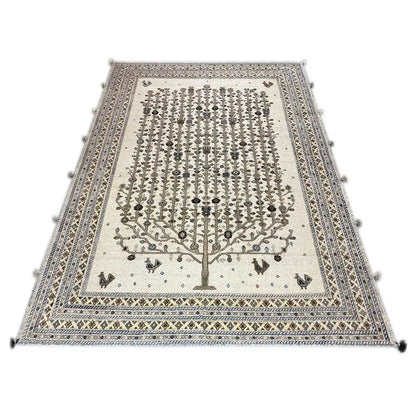 Rug with a light background, central tree motif and dark line ornamentation, rectangular
