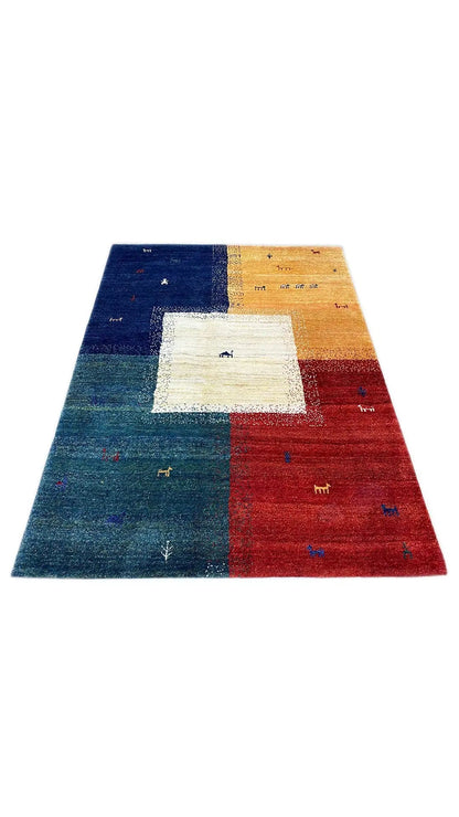 Gabbeh rug 202x151 cm, patchwork with blue, yellow, red and white block