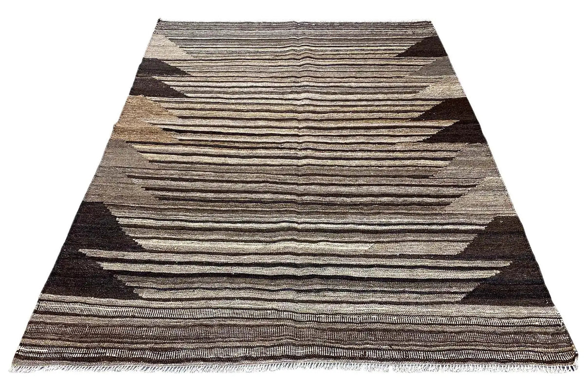 Kilim rug with arched stripe pattern and dark triangular tips, beige-brown