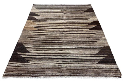 Kilim rug with arched stripe pattern and dark triangular tips, beige-brown