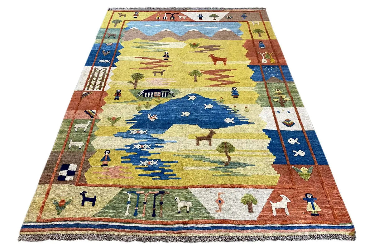 Kilim rug with landscape motifs, people and animals, bordered edge