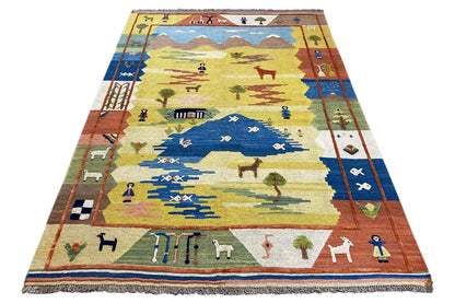 Kilim rug with landscape motifs, people and animals, bordered edge