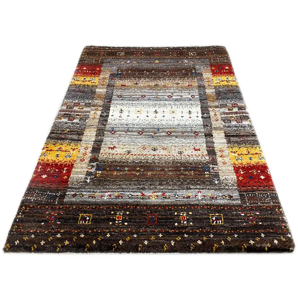 Gabbeh rug with square pattern, gray-brown, red, yellow, and beige, woven