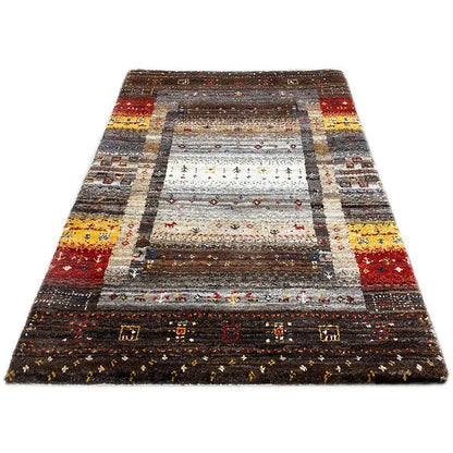 Gabbeh rug with square pattern, gray-brown, red, yellow, and beige, woven