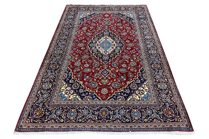 Keshan rug, flat-weave, red-and-blue medallion, traditional border