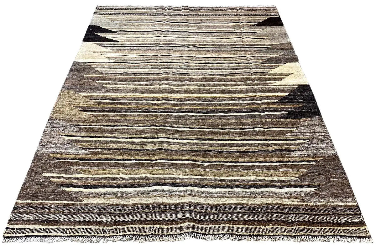 Kilim rug with horizontal stripes in brown, beige, and light gray