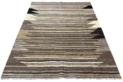 Kilim rug with horizontal stripes in brown, beige, and light gray
