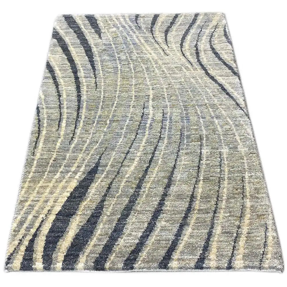 Gabbeh rug with a beige background and dark blue curved lines, 89x56 cm