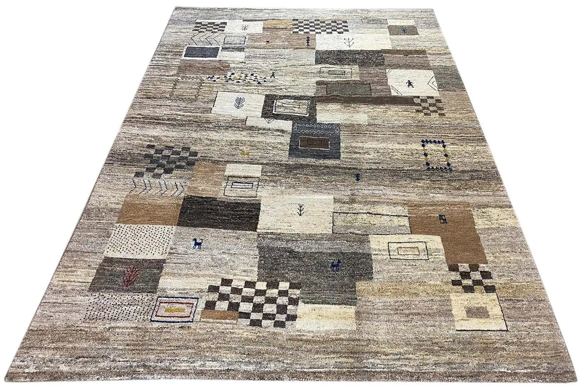 Gabbeh rug, rectangular pattern in shades of gray, beige, and small blue details