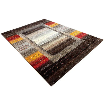 Gabbeh rug 240x174 cm with geometric design and color bands in brown, red, and beige