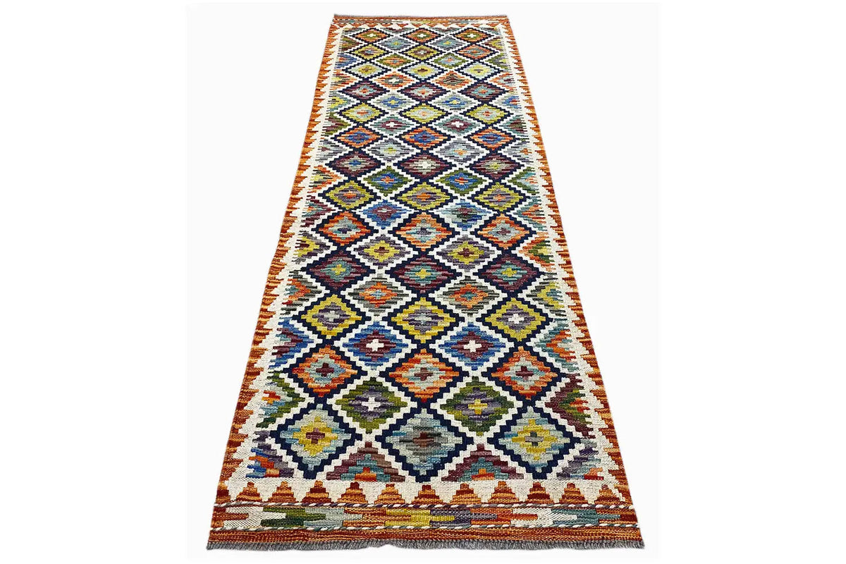 Kilim runner with a diagonal border and diamonds in a multicolored style