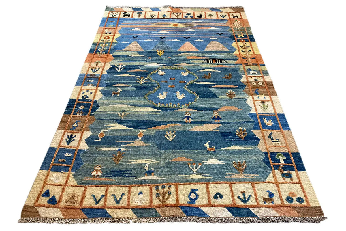 Rectangular kilim rug in blue with colorful borders and a row pattern