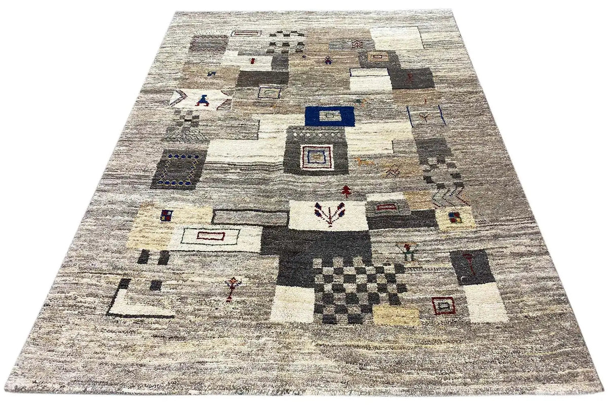 Gabbeh rug 192x152 cm, beige-gray with geometric patchwork and small colorful motifs