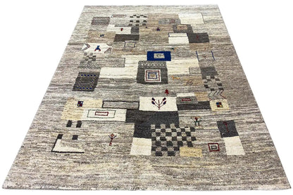 Gabbeh rug 192x152 cm, beige-gray with geometric patchwork and small colorful motifs