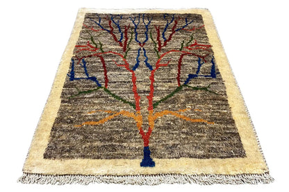 Gabbeh Lori rug 134x62 cm, greige with tree motif in blue/red, tassels