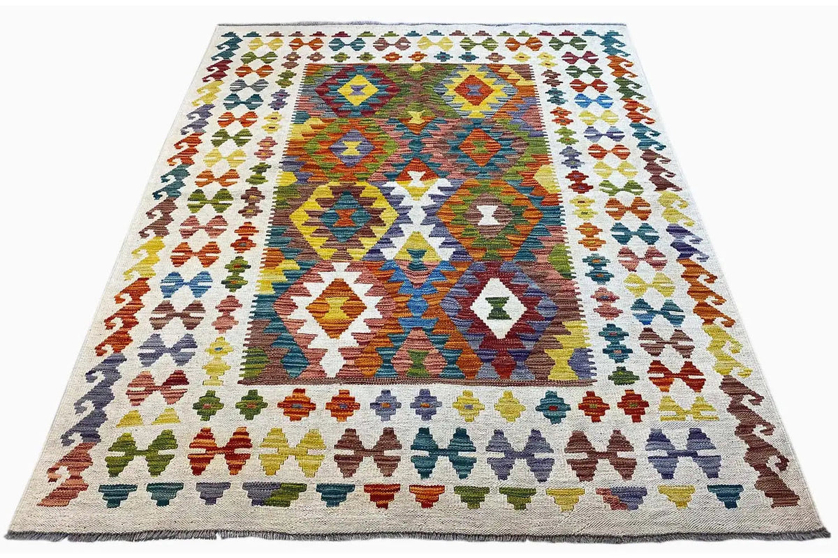 Afghan kilim with a large central motif and colorful border ornaments, rectangular