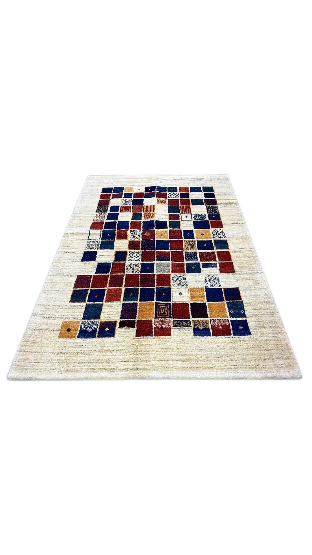 Rectangular Gabbeh rug with a checked square pattern in blue, red, and cream