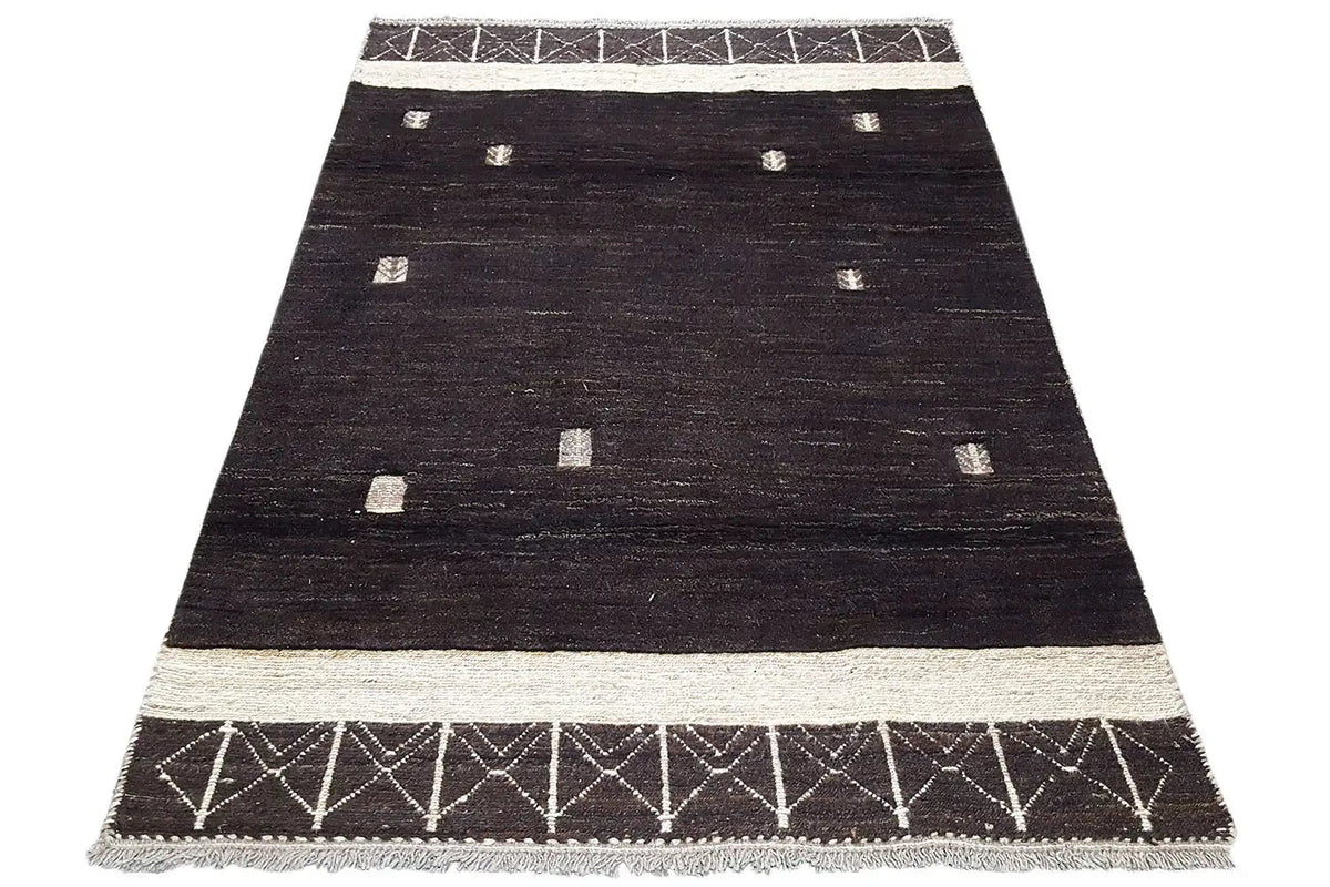 Gabbeh rug as a flatweave, dark brown with light edges and small patterned squares