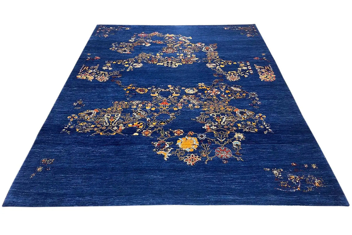 Square blue Gabbeh rug with floral ornaments, overall view