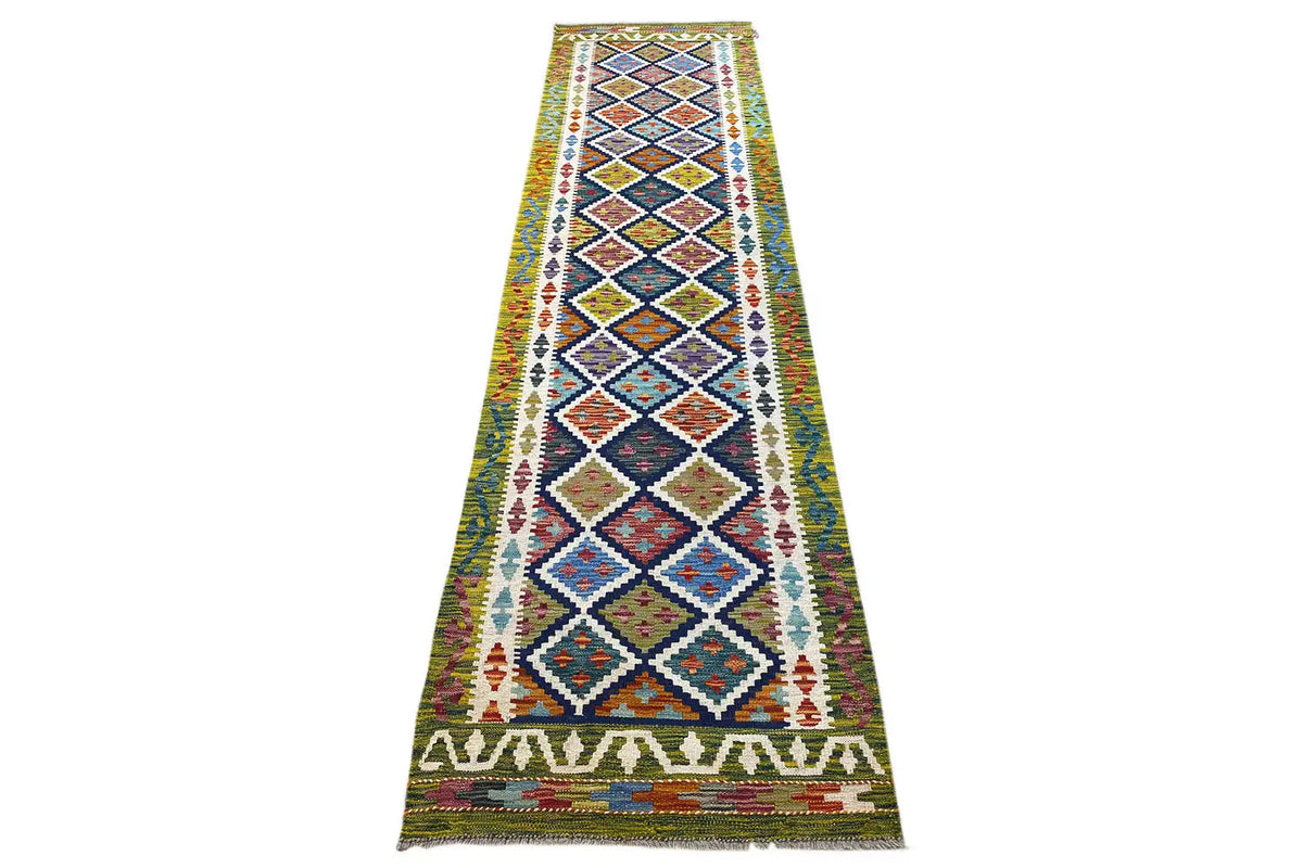 Kelim runner with geometric pattern and border trim, multicolored