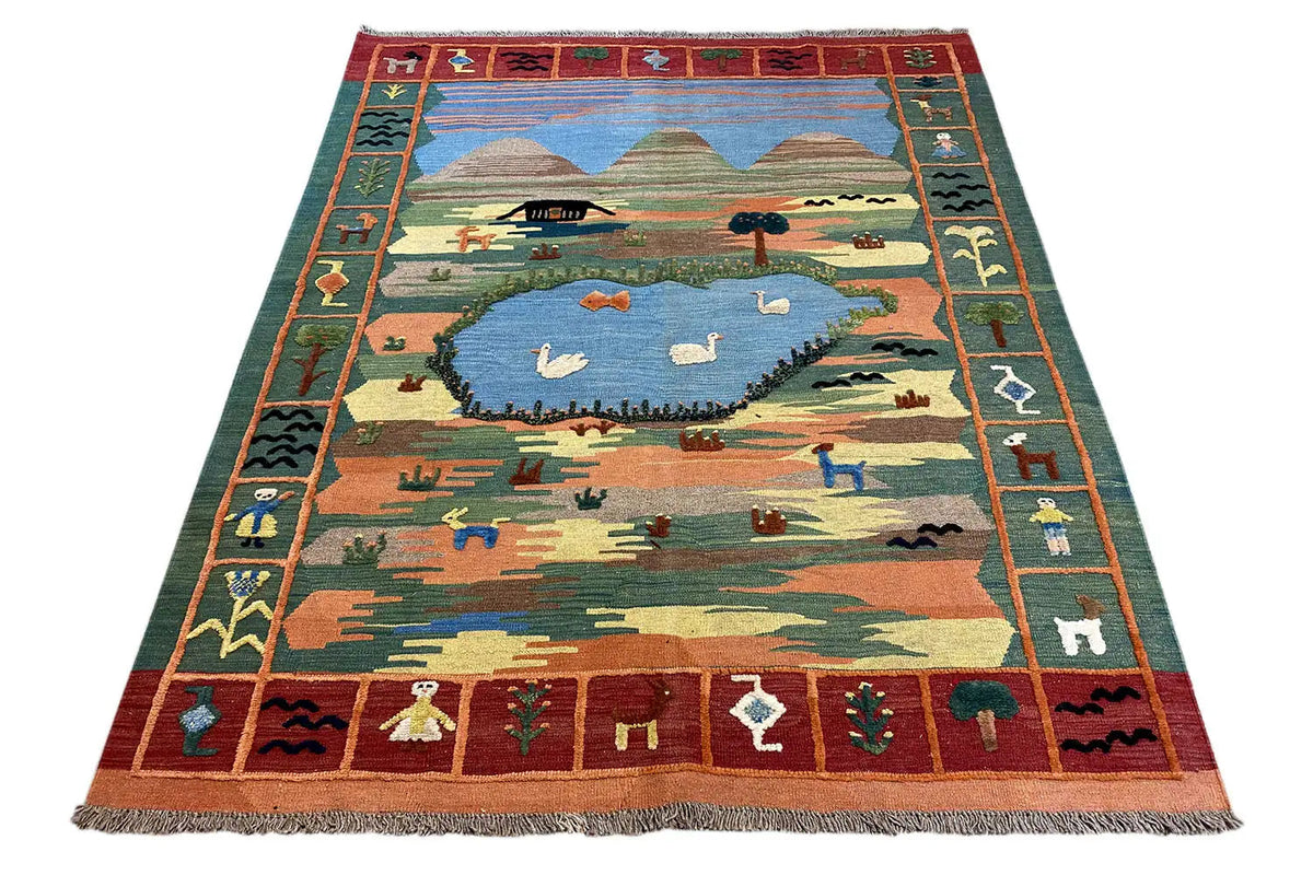 Qashqai kilim rug with panoramic landscape, figurative panels, and fringes, 201x146 cm
