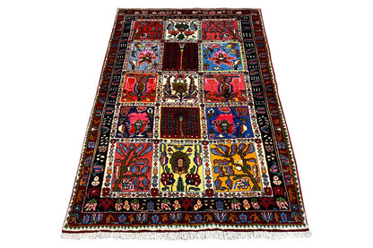 Colorfully patterned rug with square-looking sections, even border