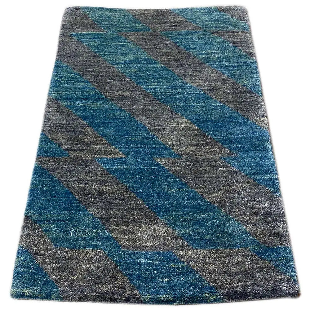 Gabbeh rug with diagonal stripes in teal, gray, and anthracite, 90x55 cm