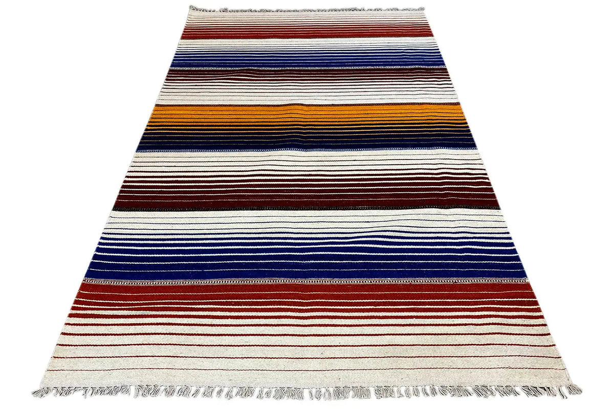 Kilim rug with a striped pattern in cream, blue and red, overlocked edges