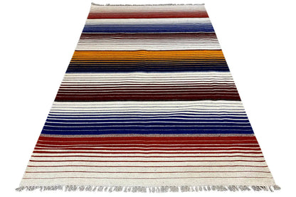Kilim rug with a striped pattern in cream, blue and red, overlocked edges