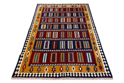 Oriental rug with an all-over pattern and border in blue, red, and yellow, rectangular