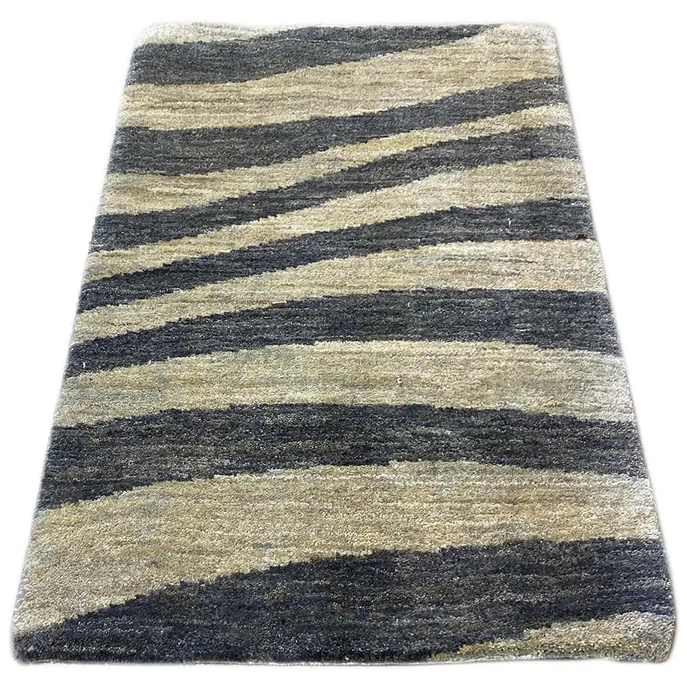 Striped Gabbeh rug, blue-gray and beige, rectangular, low-pile