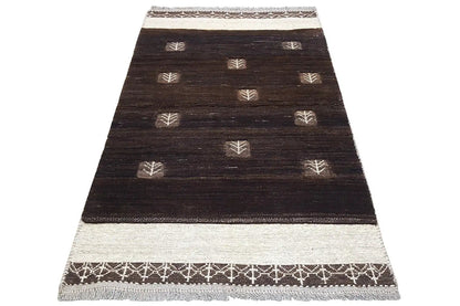 Gabbeh rug (163x92 cm) dark brown, light contrasting border, diagonal view